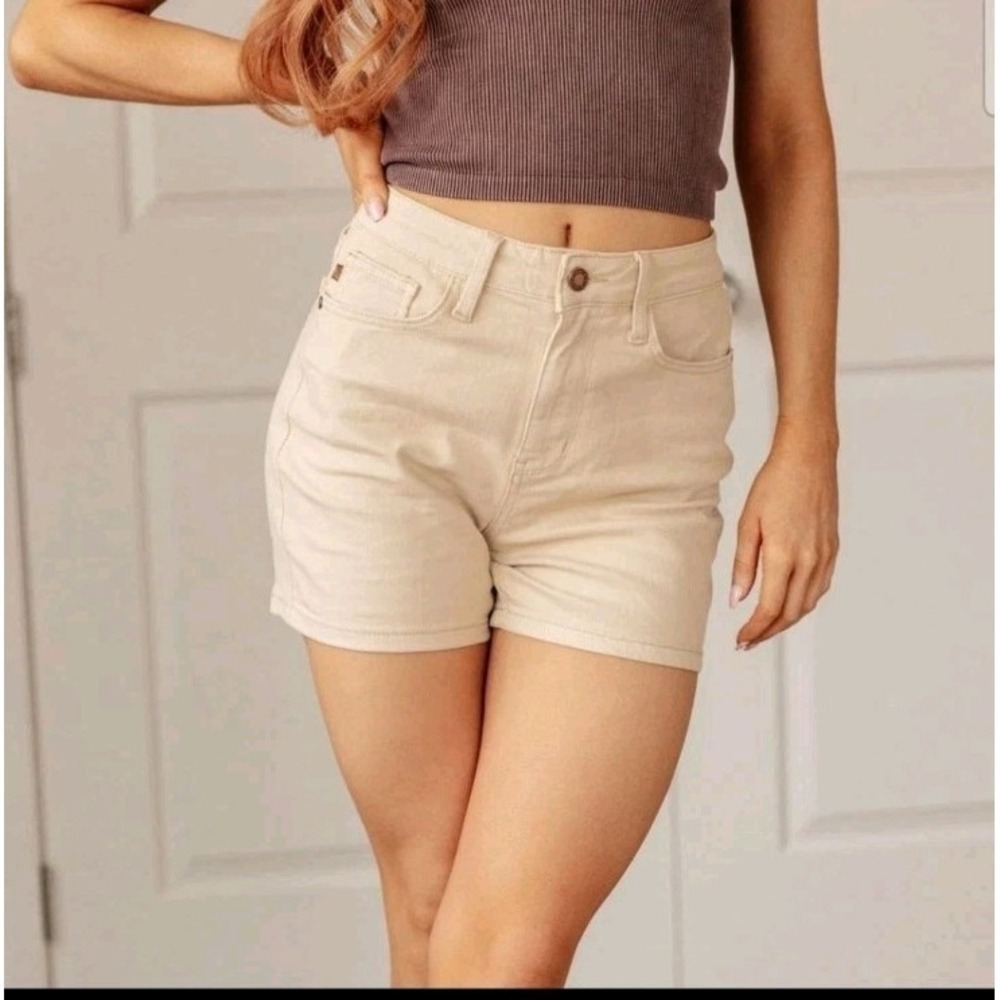 Judy Blue High‎ Rise Tan Denim Shorts Bone  Large Stretch Excellent
